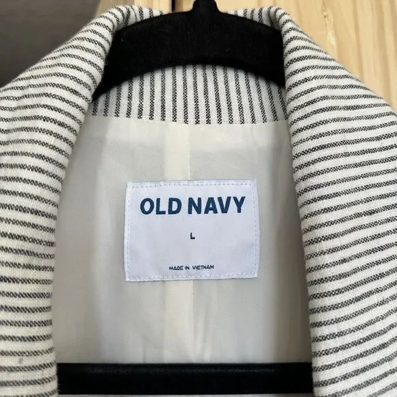 NWT Old Navy Linen Blend Blazer Jacket Large Striped Double Breasted Black White - Picture 4 of 13